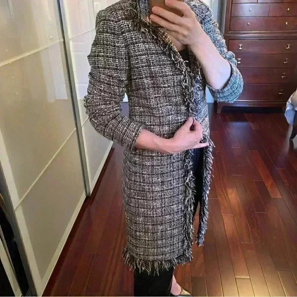 Suzy Shier Blazer Topper Coat Brown Metallic Plaid Tweed Fringe Trim Duster XS - Picture 16 of 16